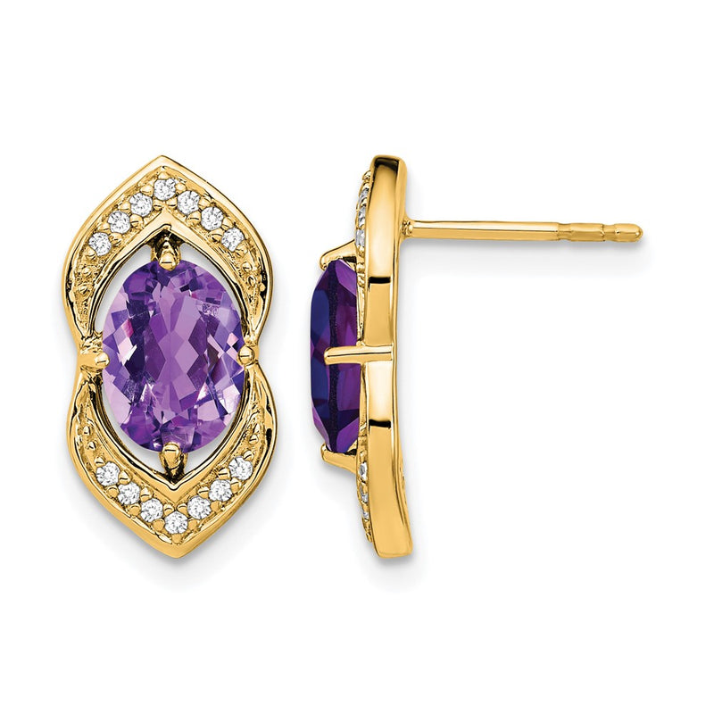 14k Yellow Gold Amethyst and Real Diamond Post Earrings