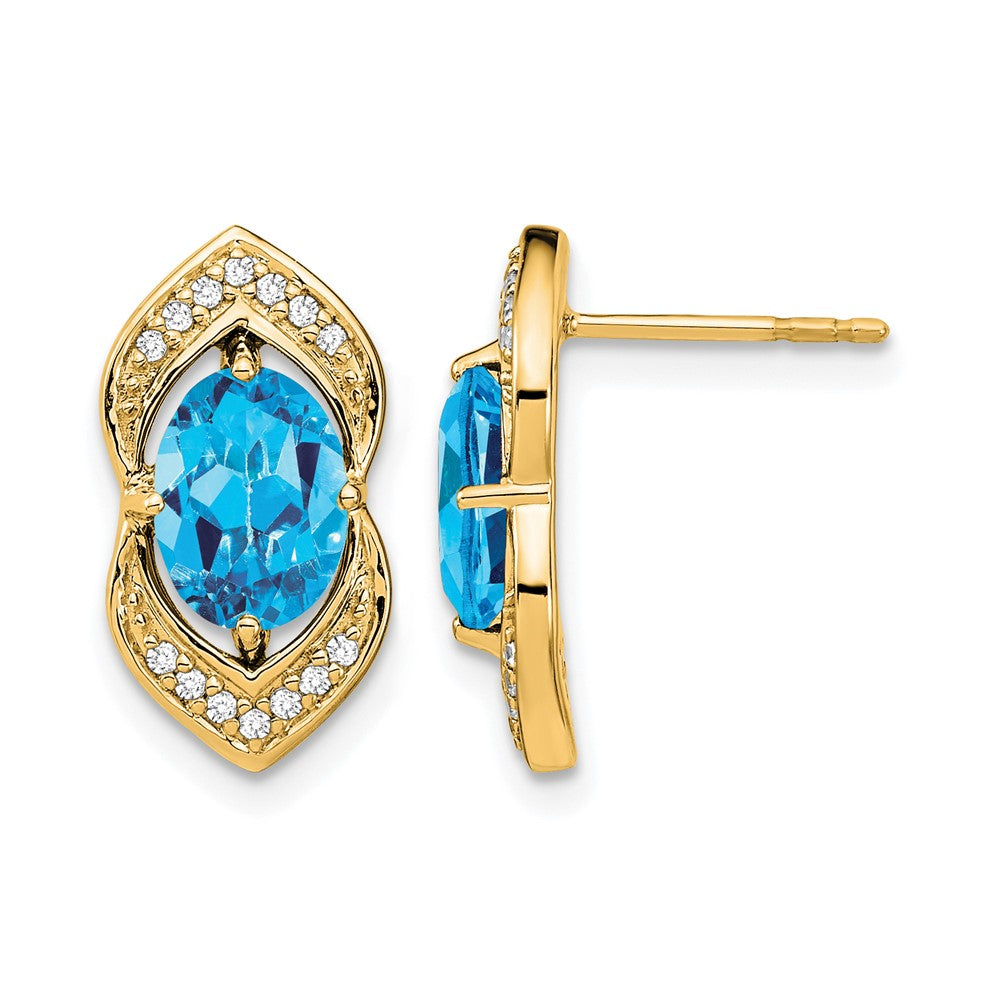 14k Yellow Gold Blue Topaz and Real Diamond Post Earrings