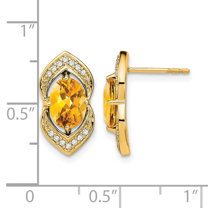 14k Yellow Gold Citrine and Real Diamond Post Earrings