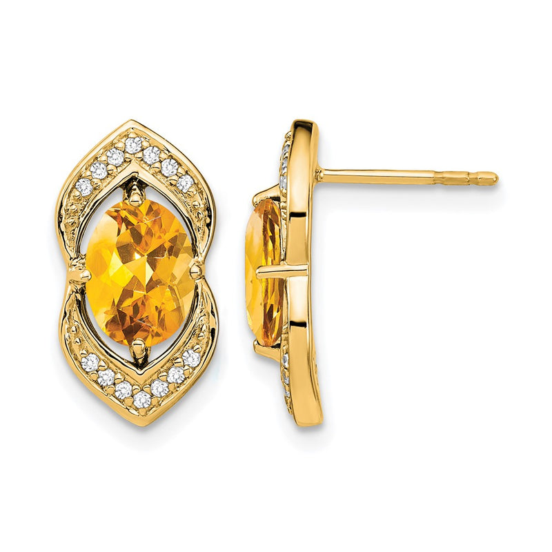 14k Yellow Gold Citrine and Real Diamond Post Earrings