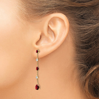 Solid 14k Yellow Gold Simulated Garnet and White Topaz Dangle Earrings