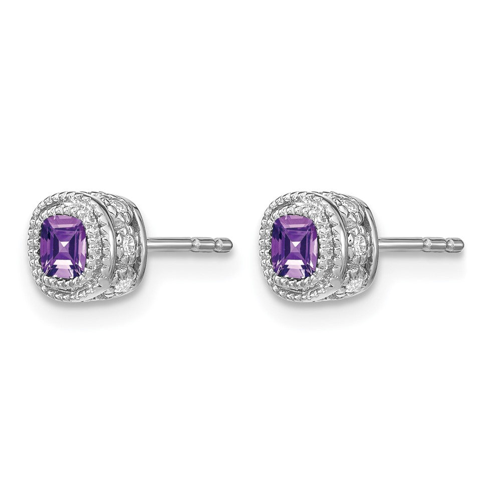14k White Gold Cushion Amethyst and Real Diamond Earrings
