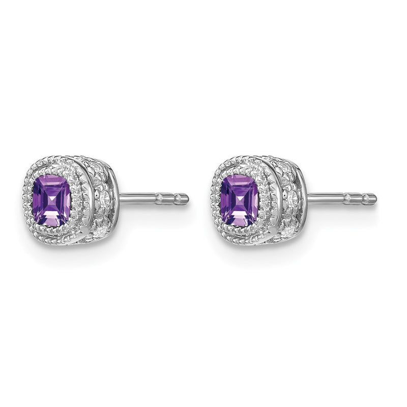 14k White Gold Cushion Amethyst and Real Diamond Earrings