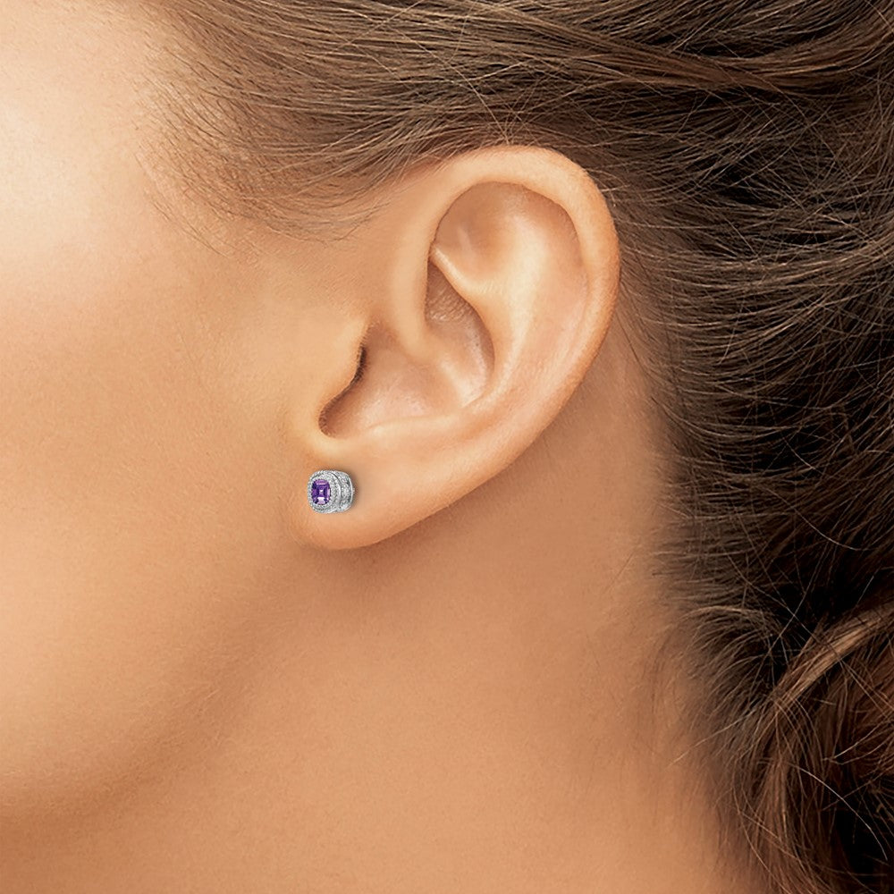 14k White Gold Cushion Amethyst and Real Diamond Earrings