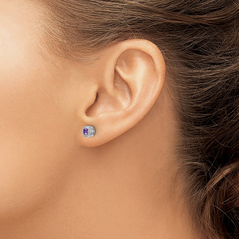 14k White Gold Cushion Amethyst and Real Diamond Earrings