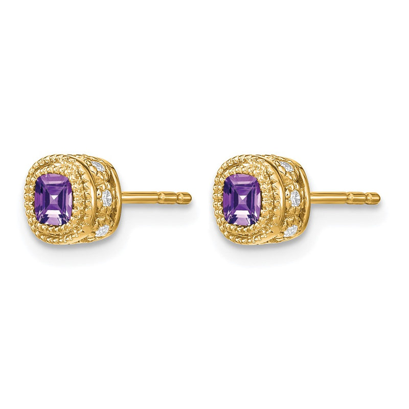 14k Yellow Gold Cushion Amethyst and Real Diamond Earrings