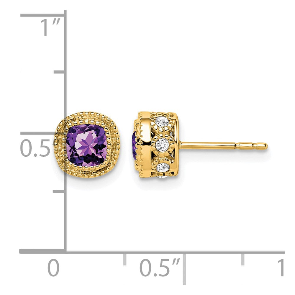 14k Yellow Gold Cushion Amethyst and Real Diamond Earrings