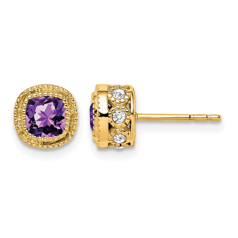 14k Yellow Gold Cushion Amethyst and Real Diamond Earrings