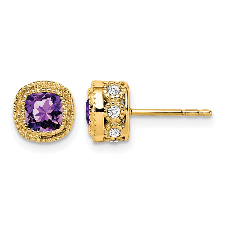 14k Yellow Gold Cushion Amethyst and Real Diamond Earrings