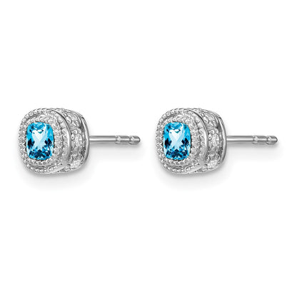 14k White Gold Cushion Blue Topaz and Real Diamond Earrings
