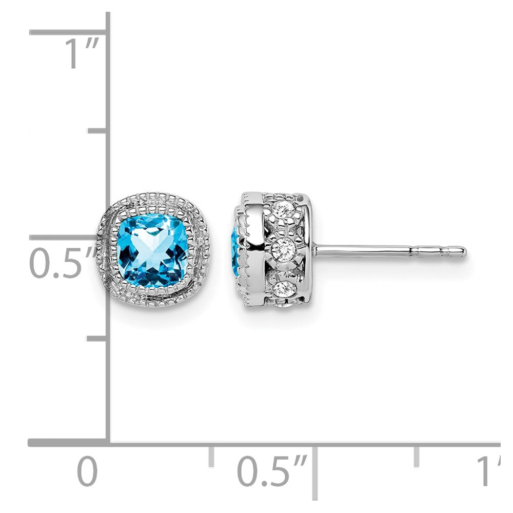 14k White Gold Cushion Blue Topaz and Real Diamond Earrings
