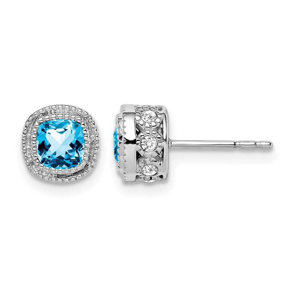 14k White Gold Cushion Blue Topaz and Real Diamond Earrings