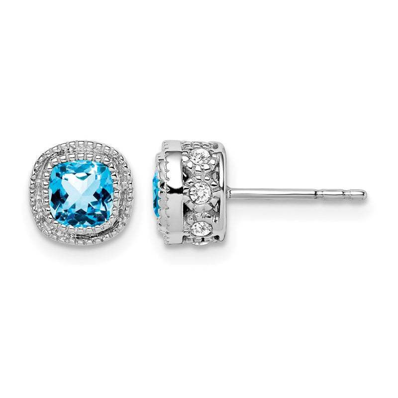 14k White Gold Cushion Blue Topaz and Real Diamond Earrings