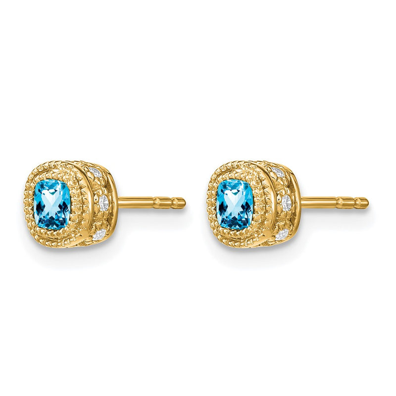 14k Yellow Gold Cushion Blue Topaz and Real Diamond Earrings