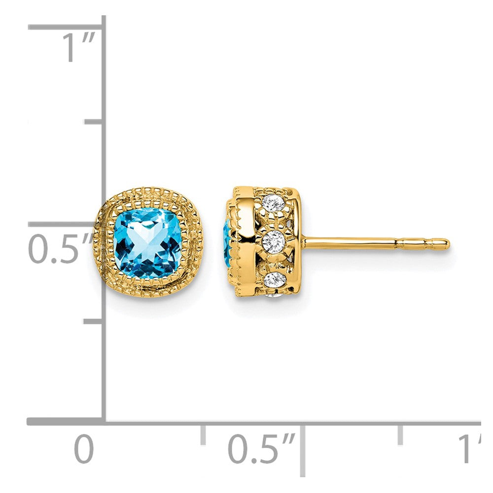 14k Yellow Gold Cushion Blue Topaz and Real Diamond Earrings