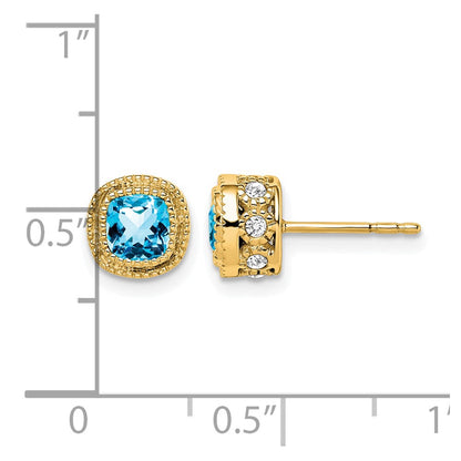 14k Yellow Gold Cushion Blue Topaz and Real Diamond Earrings