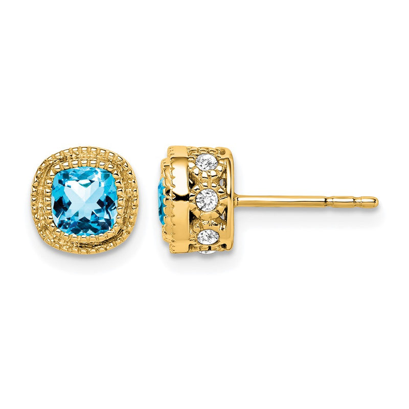 14k Yellow Gold Cushion Blue Topaz and Real Diamond Earrings