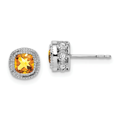 10K White Gold Cushion Citrine And Diamond Earrings