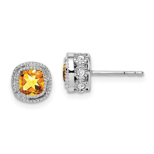 10K White Gold Cushion Citrine And Diamond Earrings