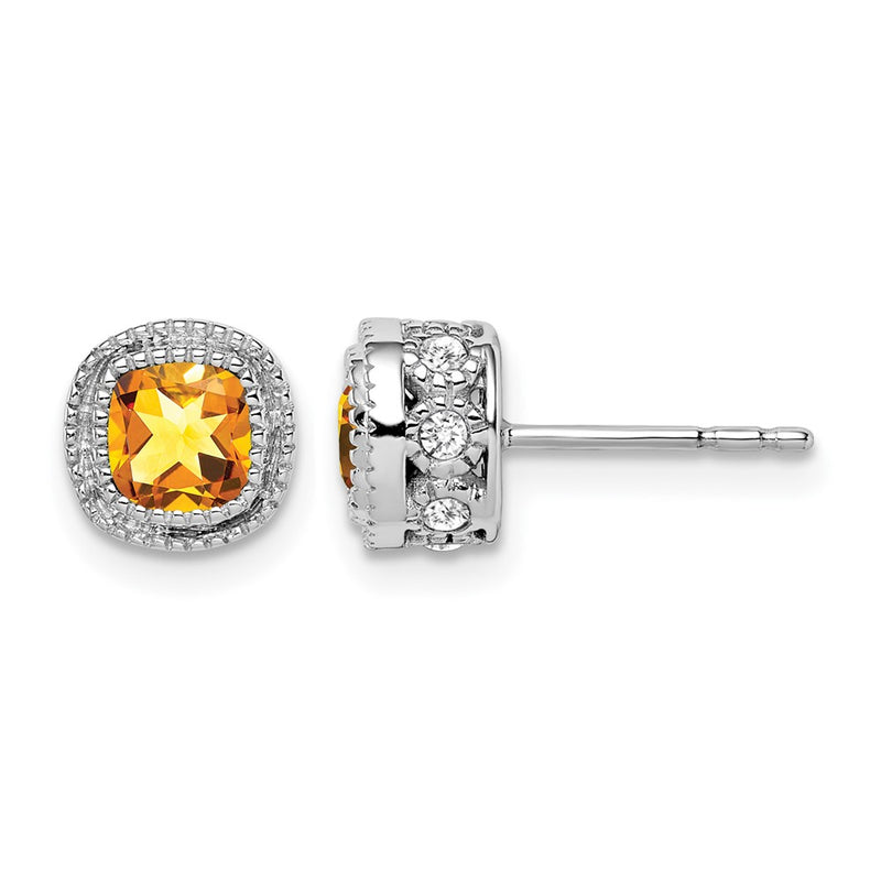 10K White Gold Cushion Citrine And Diamond Earrings