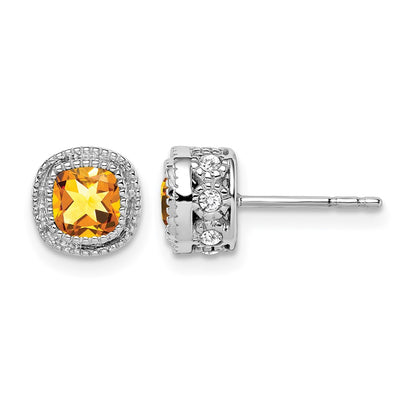 14k White Gold Cushion Citrine and Real Diamond Earrings
