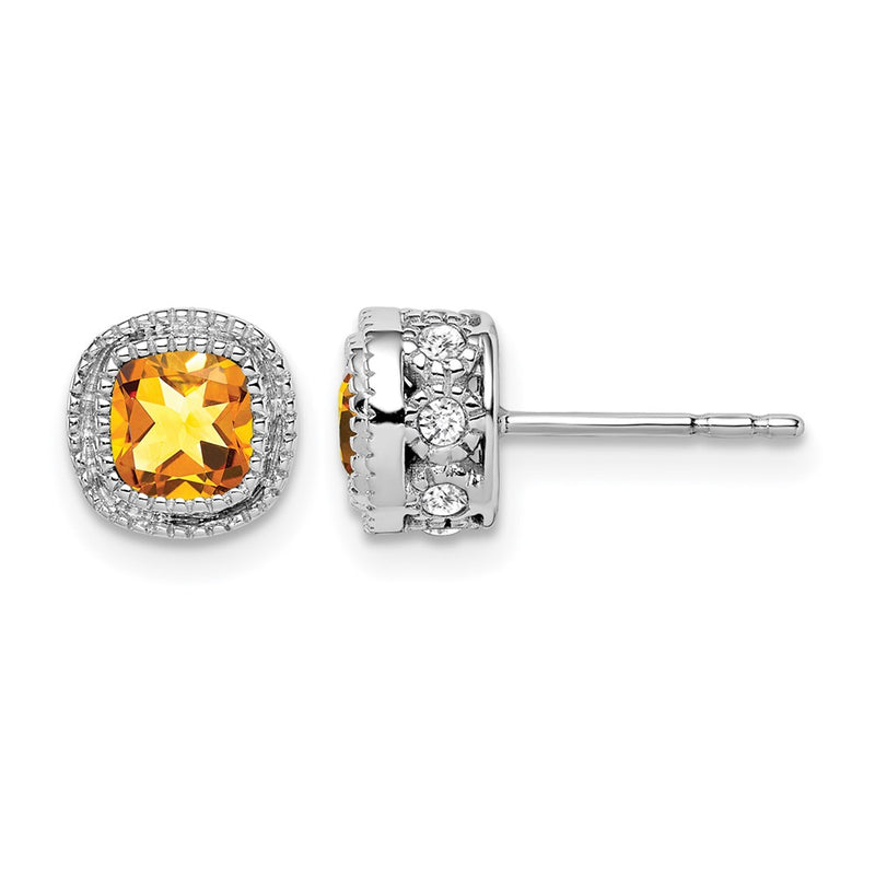 14k White Gold Cushion Citrine and Real Diamond Earrings