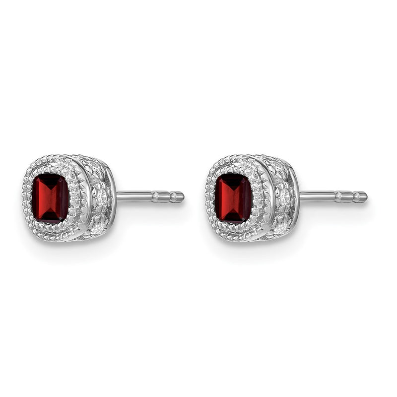14k White Gold Cushion Garnet and Real Diamond Earrings