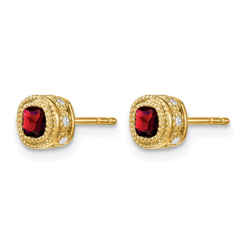 14k Yellow Gold Cushion Garnet and Real Diamond Earrings
