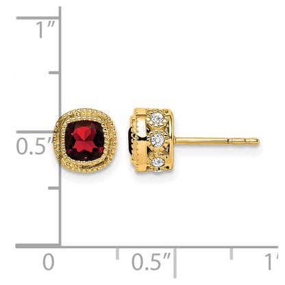 14k Yellow Gold Cushion Garnet and Real Diamond Earrings