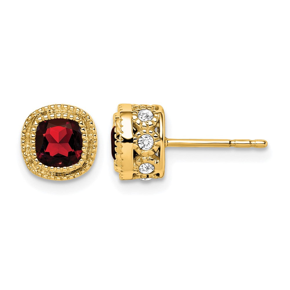 14k Yellow Gold Cushion Garnet and Real Diamond Earrings