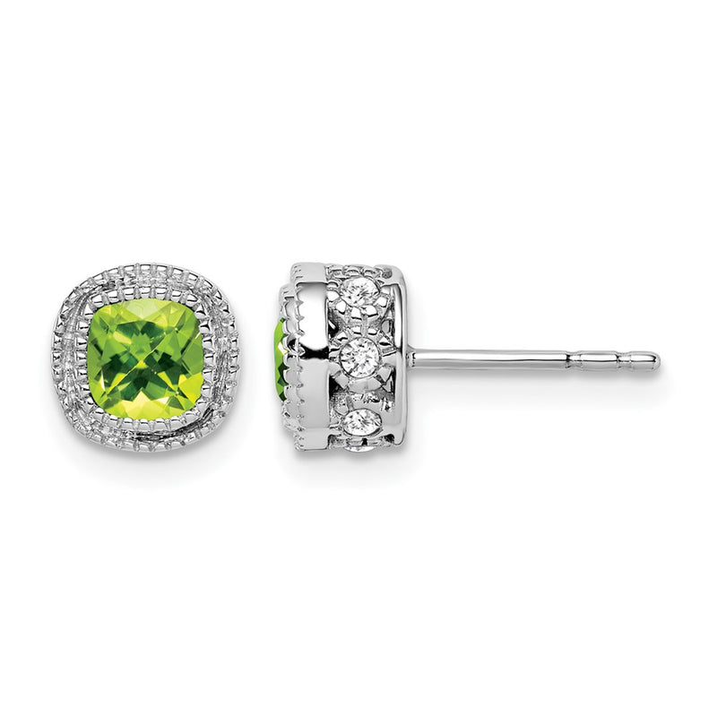 14k White Gold Cushion Peridot and Real Diamond Earrings