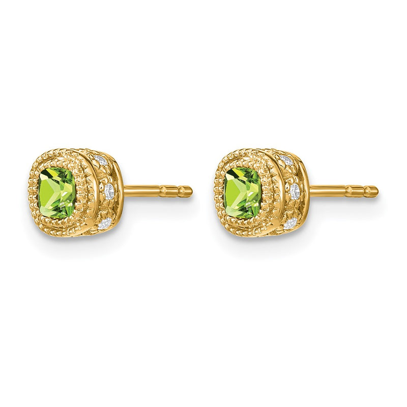14k Yellow Gold Cushion Peridot and Real Diamond Earrings