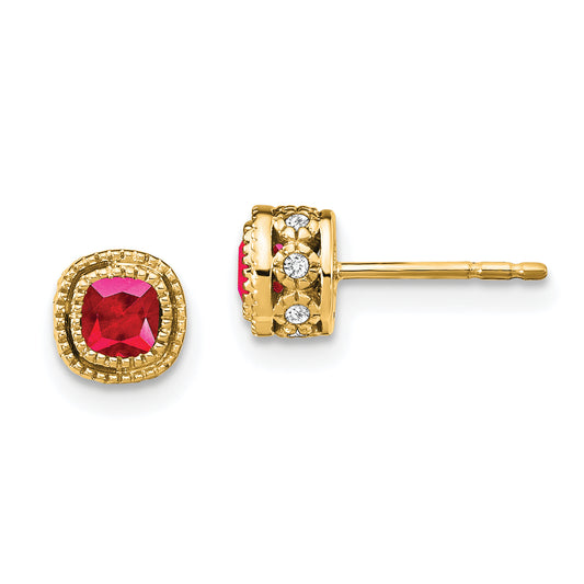 10K Yellow Gold Cushion Ruby And Diamond Earrings