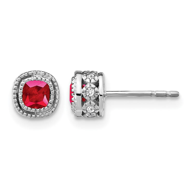 14k White Gold Cushion Ruby and Real Diamond Earrings