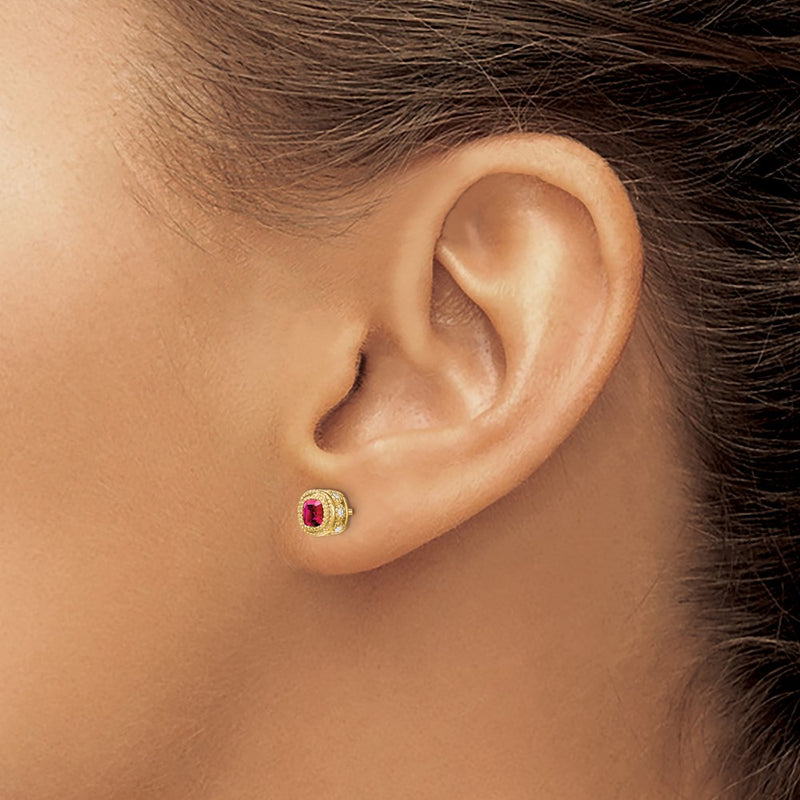 14k Yellow Gold Cushion Ruby and Real Diamond Earrings