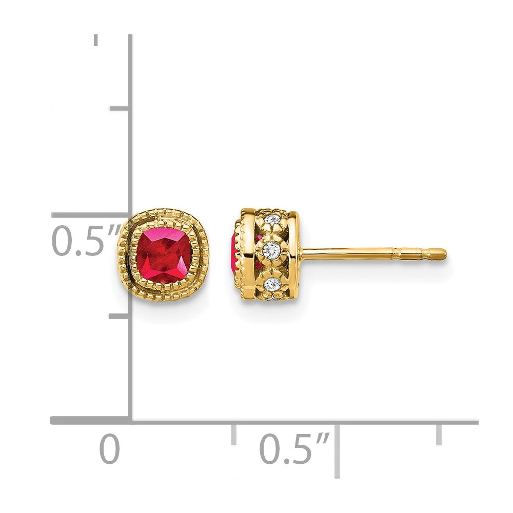 14k Yellow Gold Cushion Ruby and Real Diamond Earrings