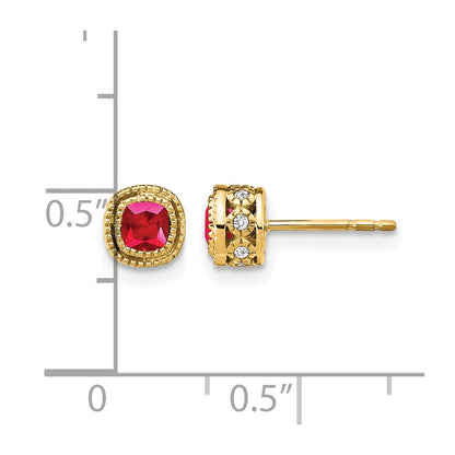 14k Yellow Gold Cushion Ruby and Real Diamond Earrings