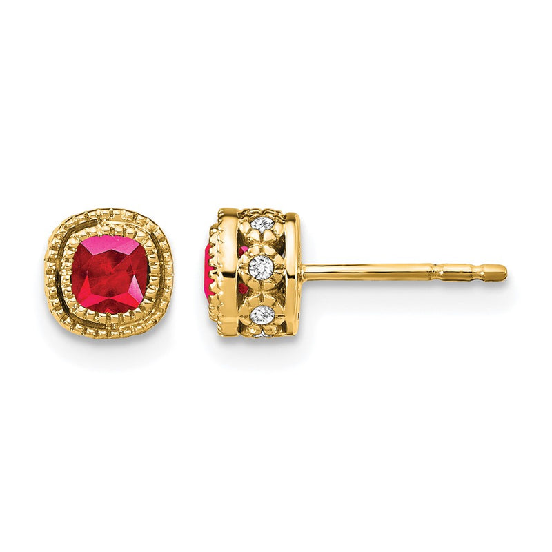 14k Yellow Gold Cushion Ruby and Real Diamond Earrings