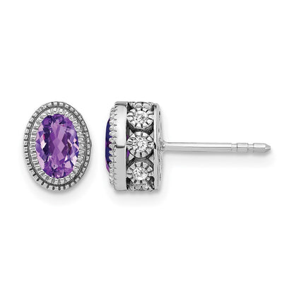 14k White Gold Oval Amethyst and Real Diamond Earrings