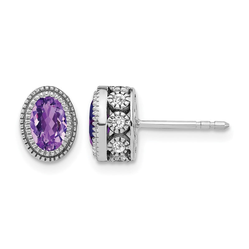 14k White Gold Oval Amethyst and Real Diamond Earrings