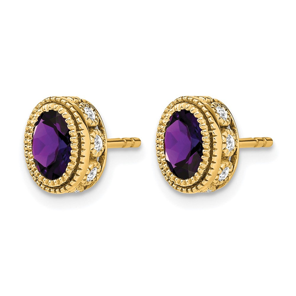 14k Yellow Gold Oval Amethyst and Real Diamond Earrings