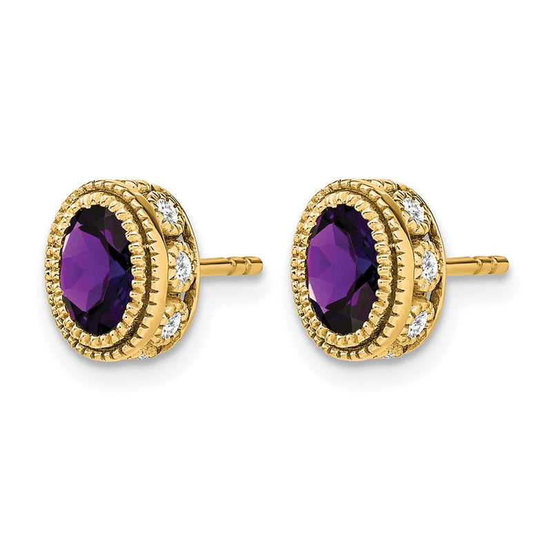 14k Yellow Gold Oval Amethyst and Real Diamond Earrings