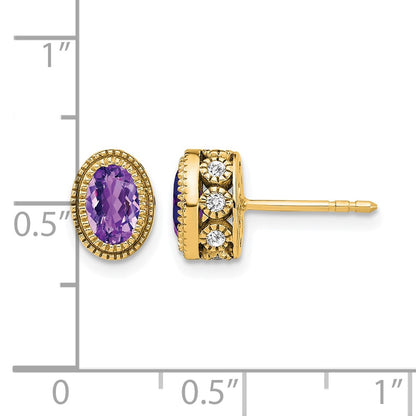 14k Yellow Gold Oval Amethyst and Real Diamond Earrings