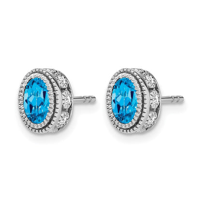 14k White Gold Oval Blue Topaz and Real Diamond Earrings