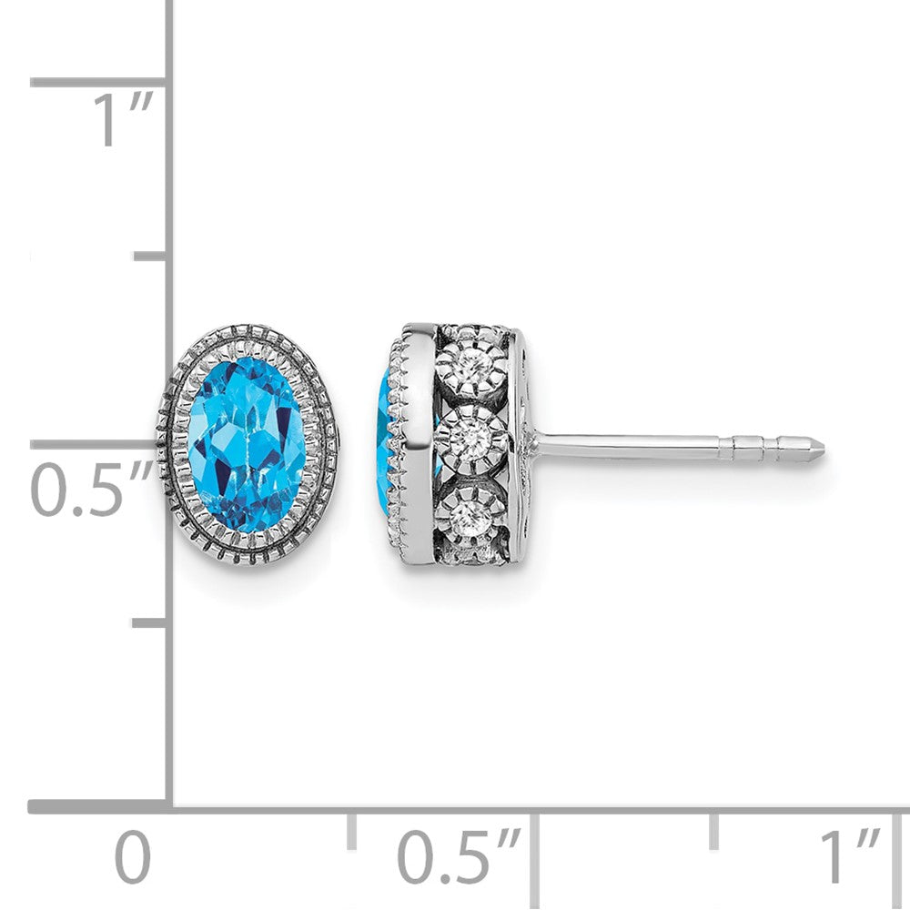 14k White Gold Oval Blue Topaz and Real Diamond Earrings