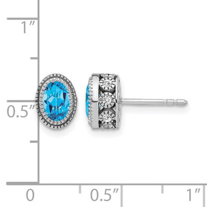 14k White Gold Oval Blue Topaz and Real Diamond Earrings