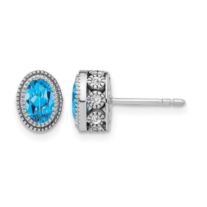 14k White Gold Oval Blue Topaz and Real Diamond Earrings