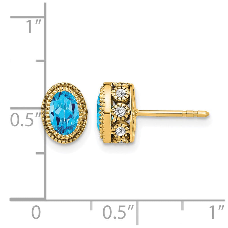 14k Yellow Gold Oval Blue Topaz and Real Diamond Earrings