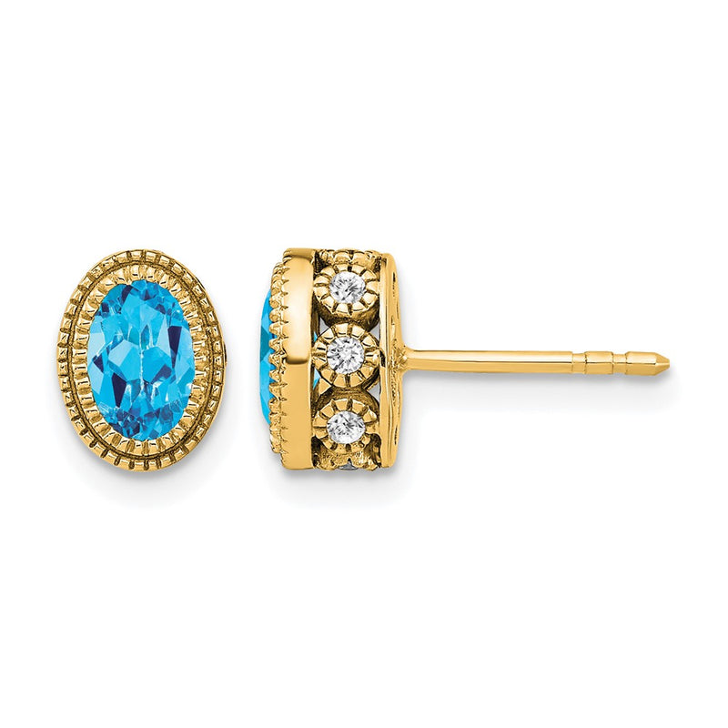 14k Yellow Gold Oval Blue Topaz and Real Diamond Earrings