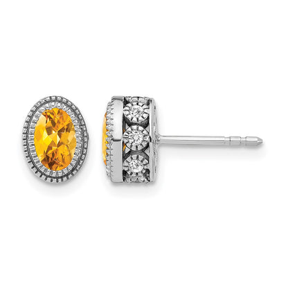 14k White Gold Oval Citrine and Real Diamond Earrings